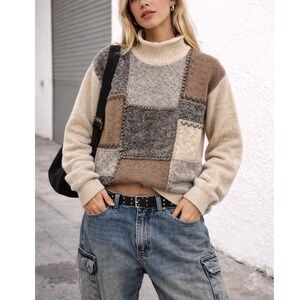 Vintage Women's Mohair Patchwork Turtleneck Sweater Beige Brown-‎ Size XL